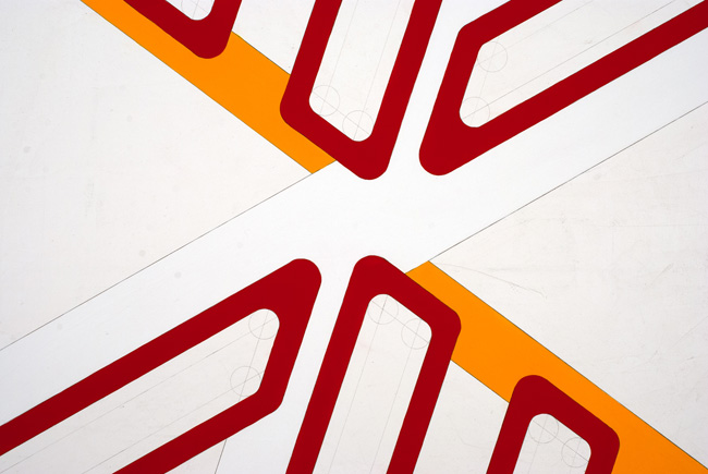 detail of the center of the painting showing layered pictorial elements