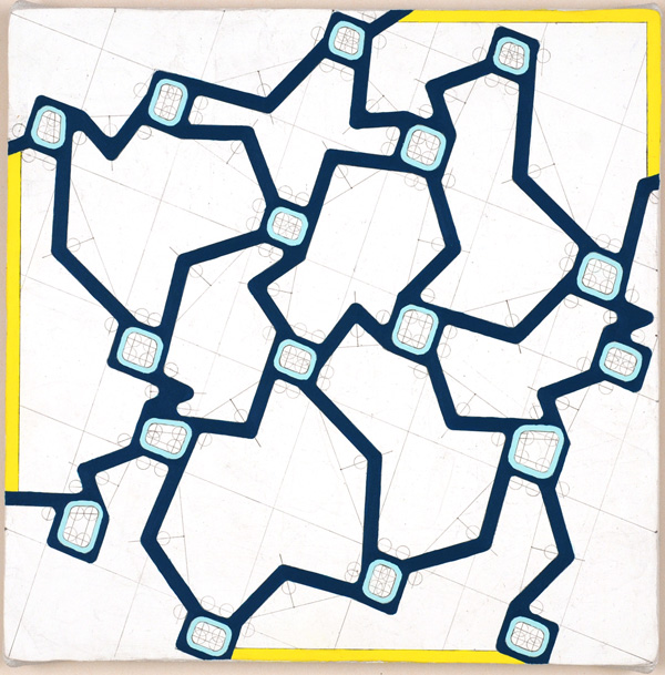 erratic zig-zag lattice abstract painting with compass-and-ruler underdrawing
